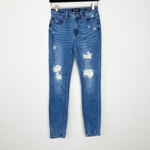 Judy Blue Womens 5 27 Skinny Fit High Rise Distressed Lemon Print Patch Jeans - Picture 1 of 12